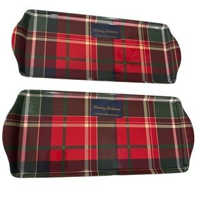 TOMMY BAHAMA  Red Green TARTAN Plaid  SERVING TRAY Melamine Handle NWT Set Of 2